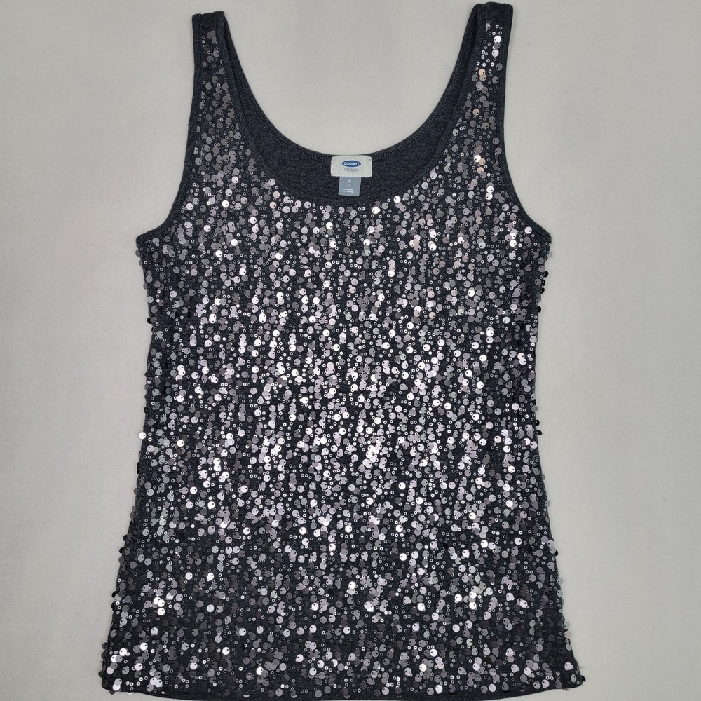 Old Navy Womens Large Charcoal Gray Sequin‎ Front Tank Stretch Cotton Blend